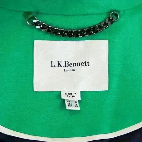 LK Bennett Bright Green Double Breasted Trench Coat Lined w/Navy Dots Size 4 - Picture 4 of 8